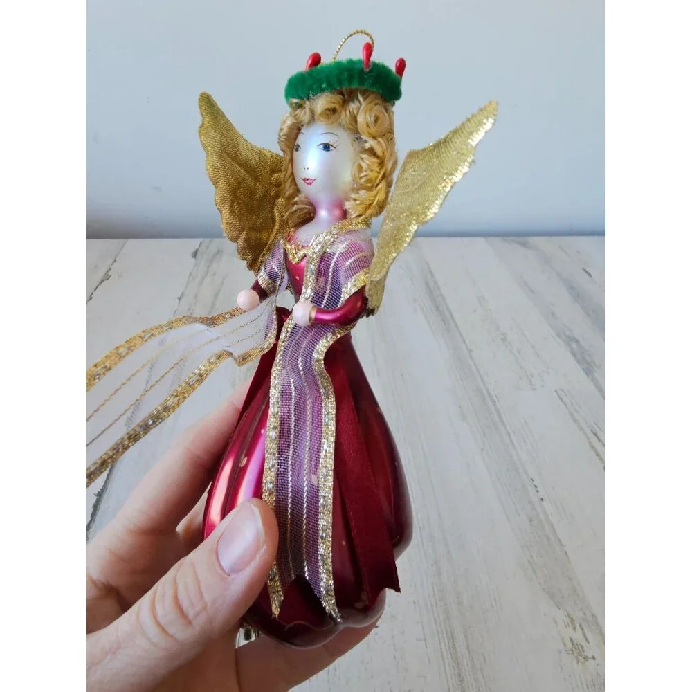 Vintage de carlini? Angel cherub Italian ornament glass‎ gold red Xmas tree